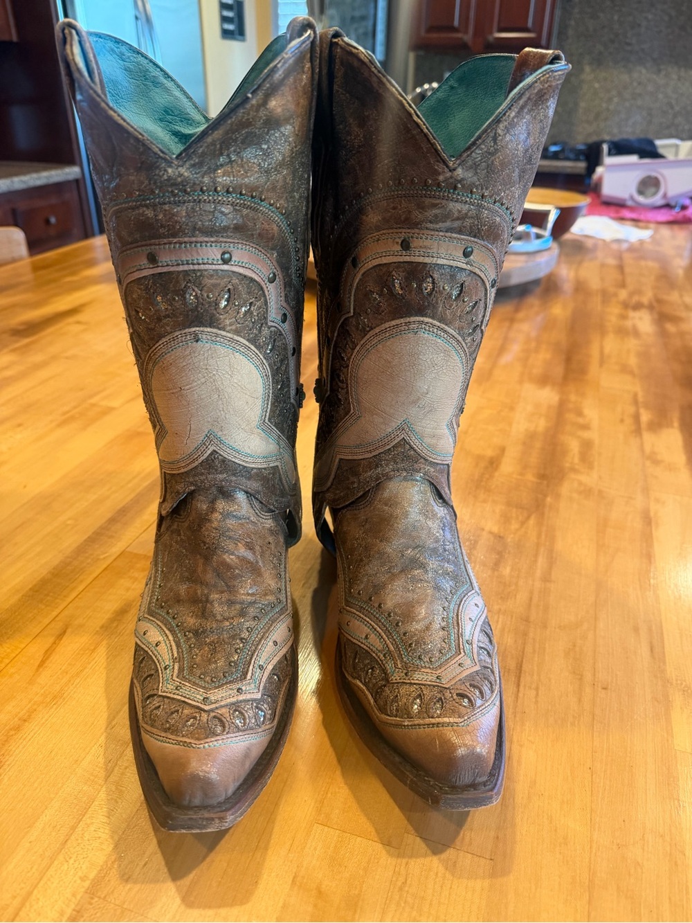 Womens Distressed Brown Tooled Western Short Boots with Tall Gaiters/Calf Chaps